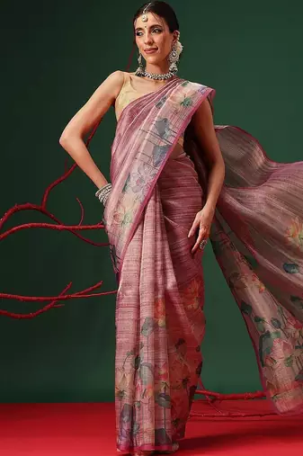 Pink printed tissue traditional saree with blouse piece