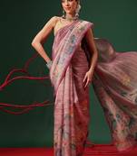Pink printed tissue traditional saree with blouse piece