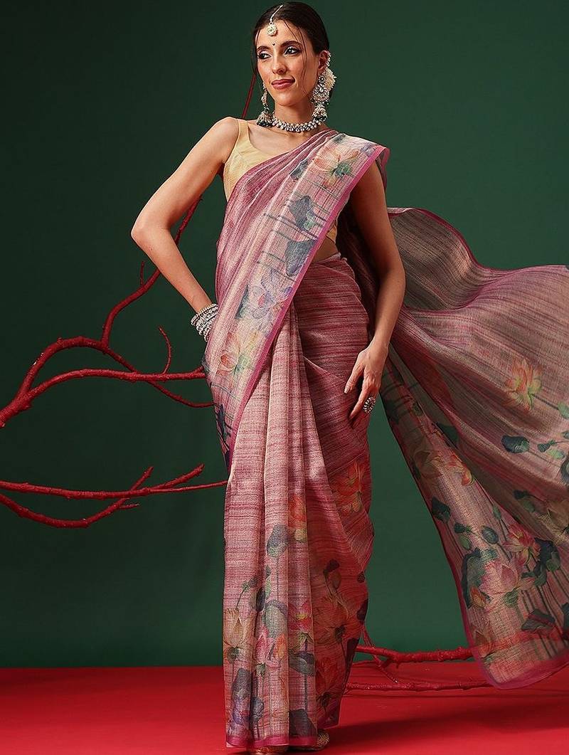 Pink printed tissue traditional saree with blouse piece