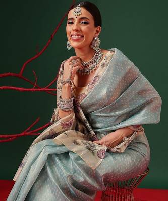 Blue printed tissue traditional saree with blouse piece 3