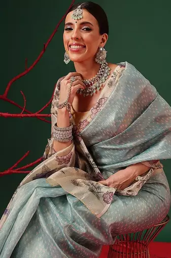 Blue printed tissue traditional saree with blouse piece