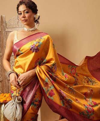 Mustard printed art silk ethnic saree with blouse piece 4