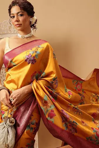 Mustard printed art silk ethnic saree with blouse piece