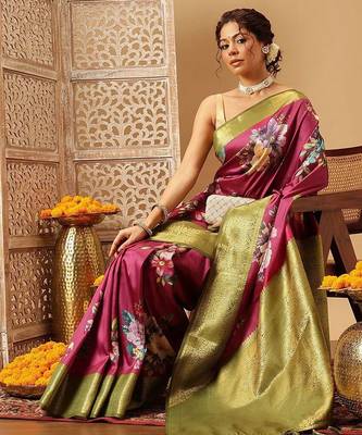 Pink printed art silk ethnic saree with blouse piece 3