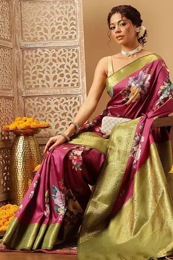 Pink printed art silk ethnic saree with blouse piece
