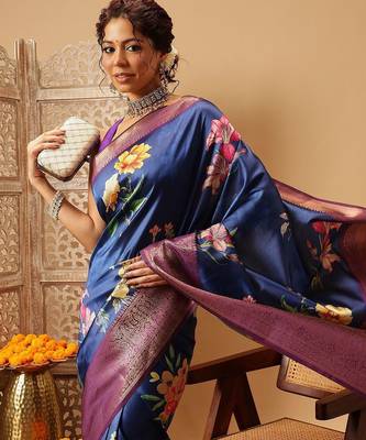 Navy blue printed art silk ethnic saree with blouse piece 4