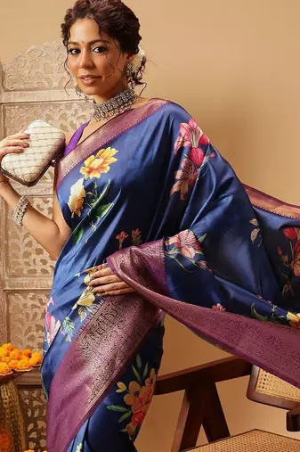 Navy blue printed art silk ethnic saree with blouse piece