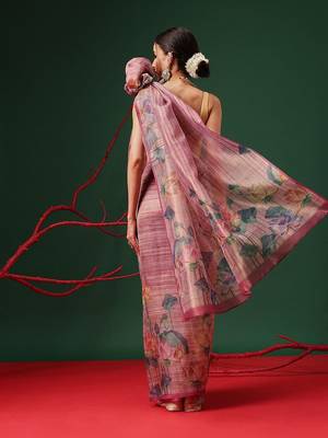 Pink printed tissue traditional saree with blouse piece 2