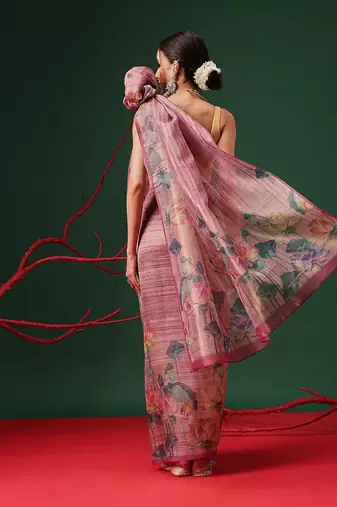 Pink printed tissue traditional saree with blouse piece