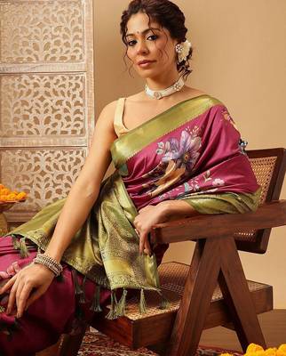 Pink printed art silk ethnic saree with blouse piece 4