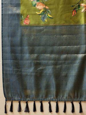 Green printed art silk ethnic saree with blouse piece 5