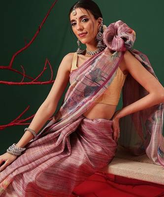 Pink printed tissue traditional saree with blouse piece 3