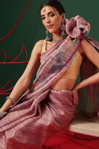 Pink printed tissue traditional saree with blouse piece