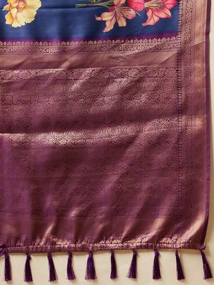 Navy blue printed art silk ethnic saree with blouse piece 5