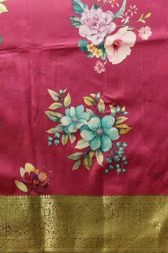 Pink printed art silk ethnic saree with blouse piece