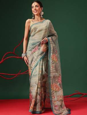 Beige printed tissue traditional saree with blouse piece 1