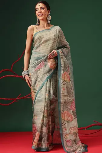 Beige printed tissue traditional saree with blouse piece