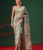 Beige printed tissue traditional saree with blouse piece