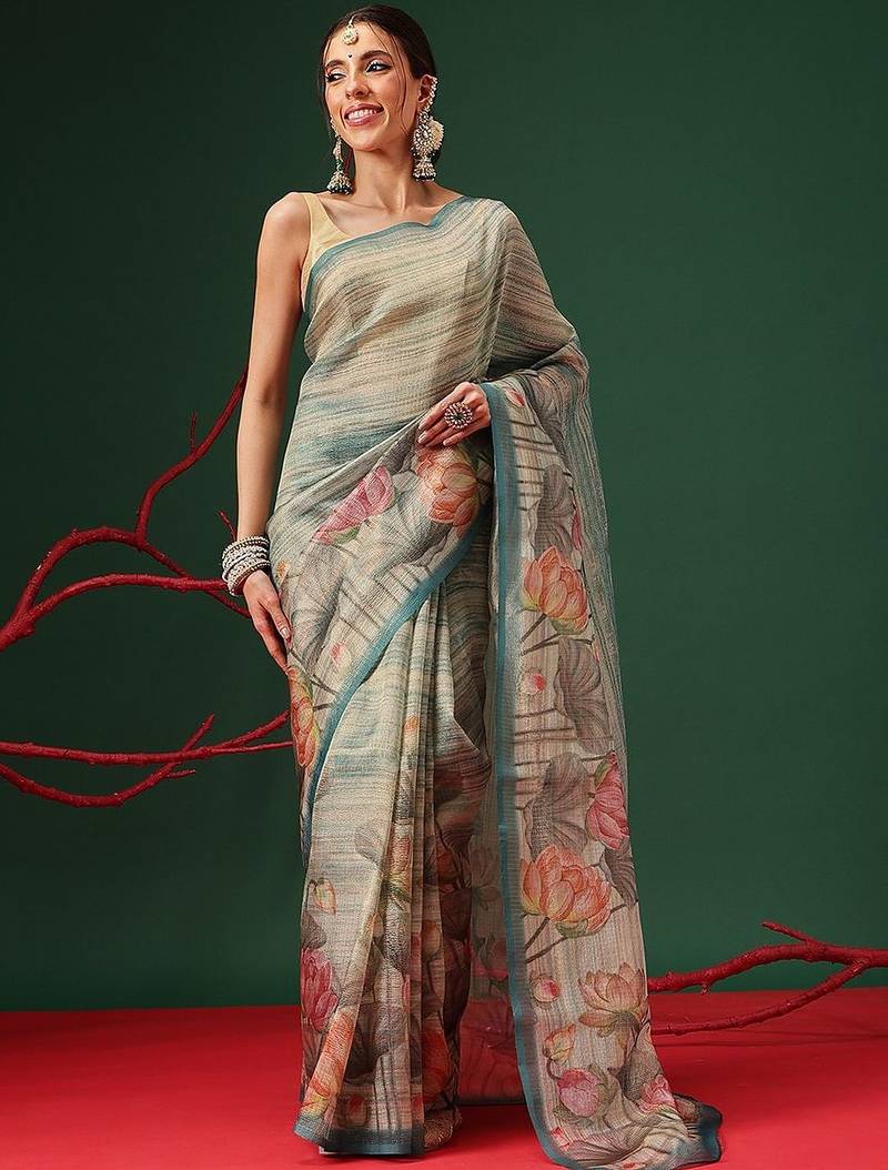 Beige printed tissue traditional saree with blouse piece