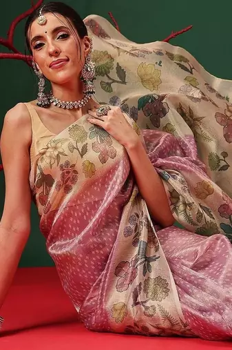 Pink printed tissue traditional saree with blouse piece