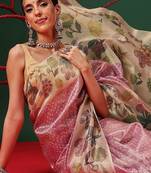 Pink printed tissue traditional saree with blouse piece