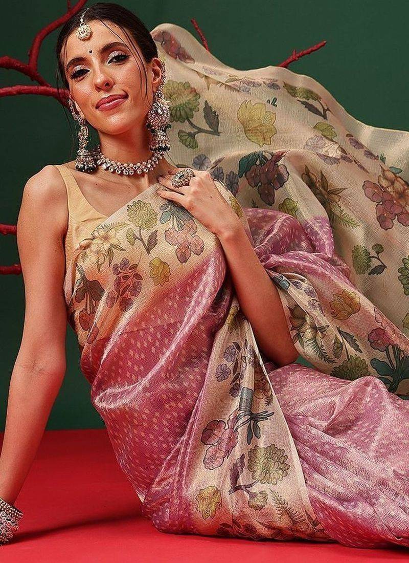 Pink printed tissue traditional saree with blouse piece