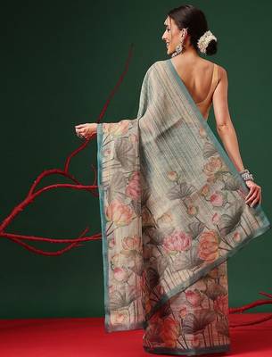 Beige printed tissue traditional saree with blouse piece 2