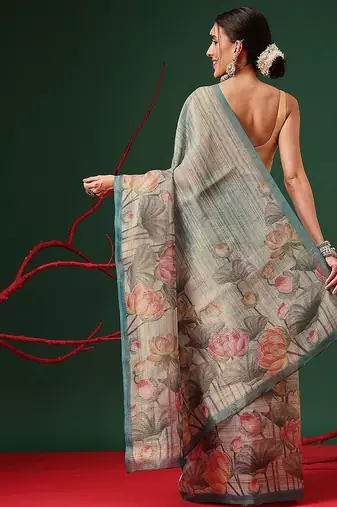 Beige printed tissue traditional saree with blouse piece