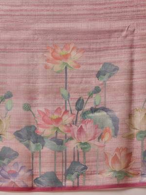 Pink printed tissue traditional saree with blouse piece 5