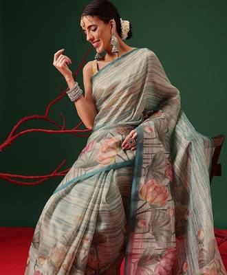 Beige printed tissue traditional saree with blouse piece 3