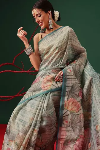Beige printed tissue traditional saree with blouse piece