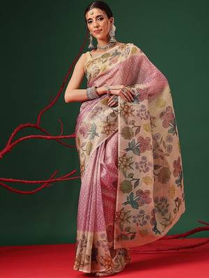 Pink printed tissue traditional saree with blouse piece 2