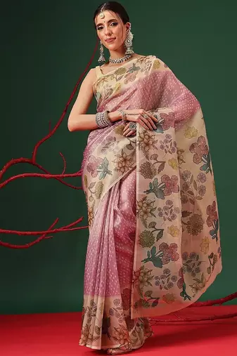 Pink printed tissue traditional saree with blouse piece