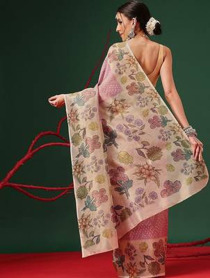 Pink printed tissue traditional saree with blouse piece 3