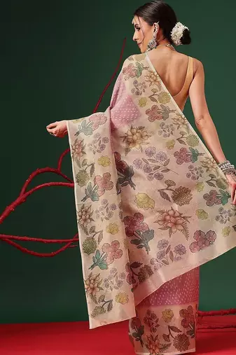 Pink printed tissue traditional saree with blouse piece