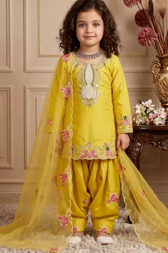yellow pure heavy natural crepe salwar suit set with heavy embroidery sequence work - designer party wear