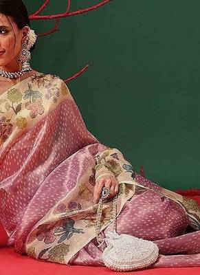 Pink printed tissue traditional saree with blouse piece 4