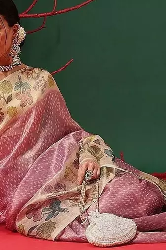 Pink printed tissue traditional saree with blouse piece