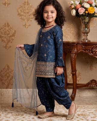 Navy blue heavy chinon silk salwar suit set with digital print work with embroidered sequence work 2