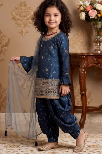 Navy blue heavy chinon silk salwar suit set with digital print work with embroidered sequence work
