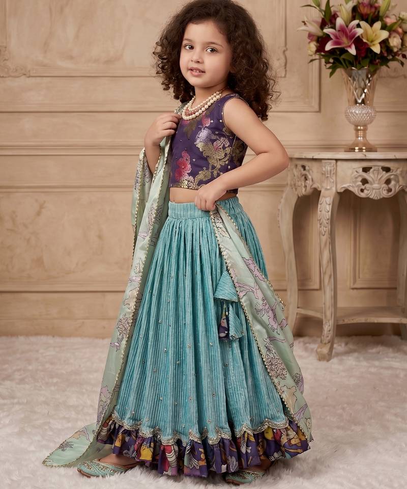 sky blue heavy chinon silk with embroidery sequence work with soft printed work - designer party wear