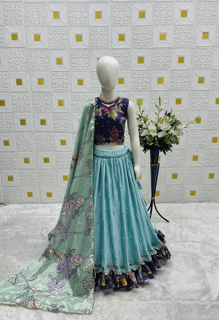 sky blue heavy chinon silk with embroidery sequence work with soft printed work - designer party wear