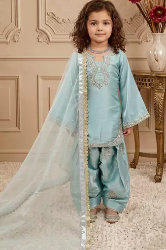 Sky blue pure roman glass sillk salwar suit set with heavy embroidery sequence with rivet moti work