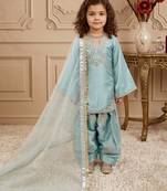 Sky blue pure roman glass sillk salwar suit set with heavy embroidery sequence with rivet moti work
