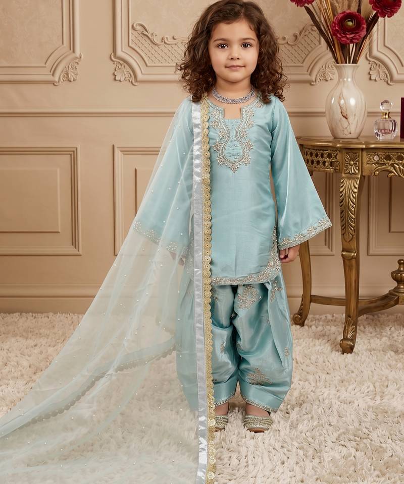 Sky blue pure roman glass sillk salwar suit set with heavy embroidery sequence with rivet moti work