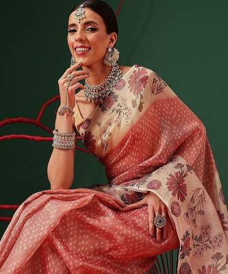 Peach printed tissue traditional saree with blouse piece 1
