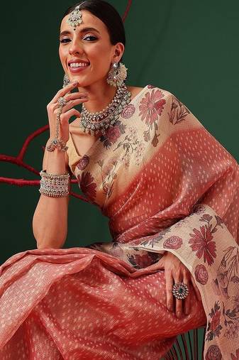Peach printed tissue traditional saree with blouse piece