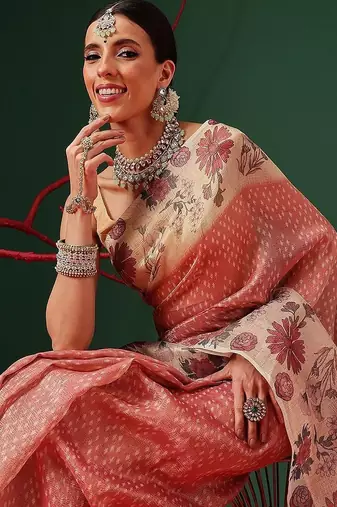Peach printed tissue traditional saree with blouse piece