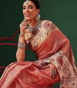 Peach printed tissue traditional saree with blouse piece