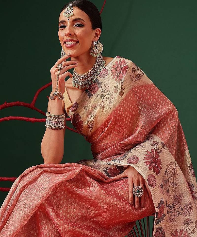 Peach printed tissue traditional saree with blouse piece